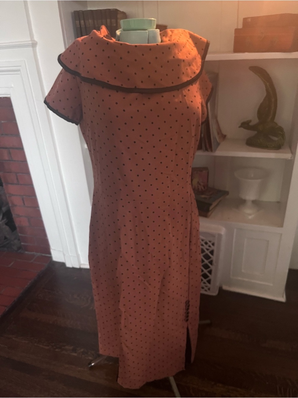 Tatyana Vintage-Inspired Rust Polka Dot Midi Dress with Contrast Trim